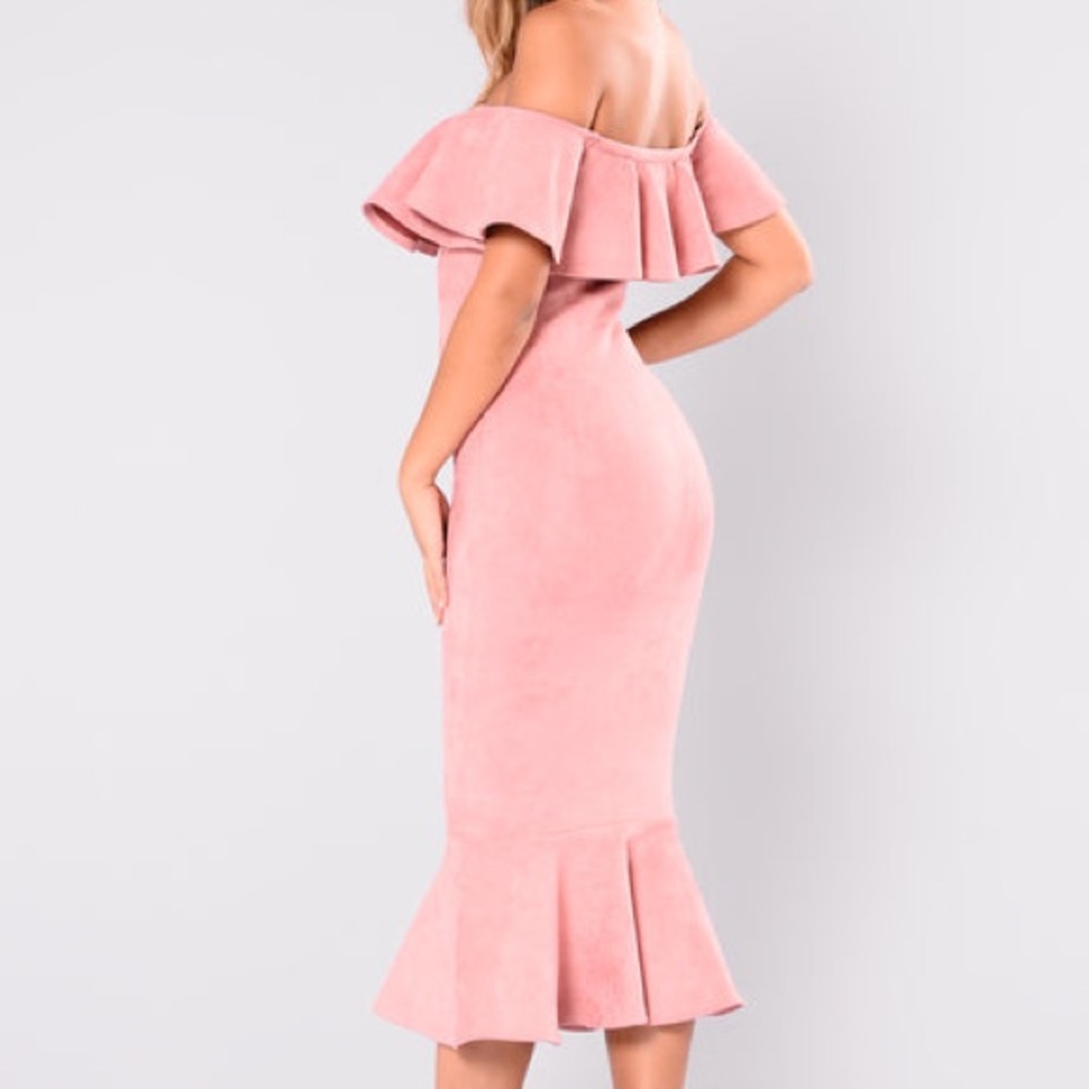Fashion Nova Pink Ruffled Off-Shoulder Bodycon Midi Dress - Picture 6 of 8